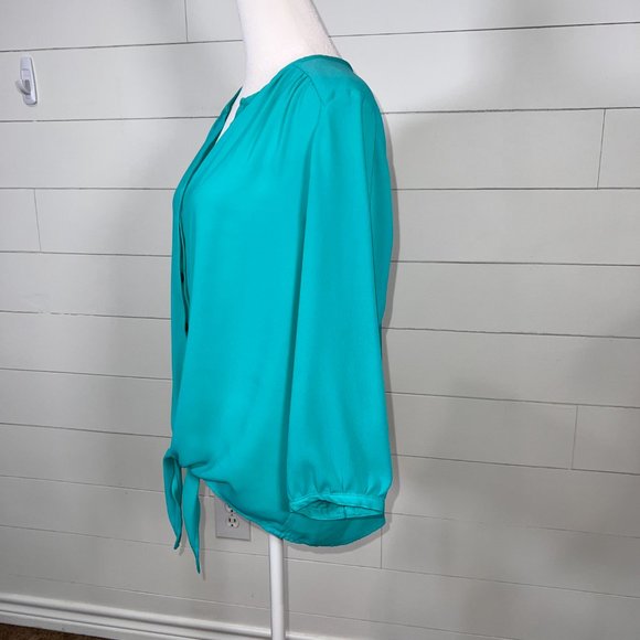Peter Nygard Turquoise 3/4 Sleeve Button Down Blouse with Tie Waist Size 10 - Picture 7 of 12